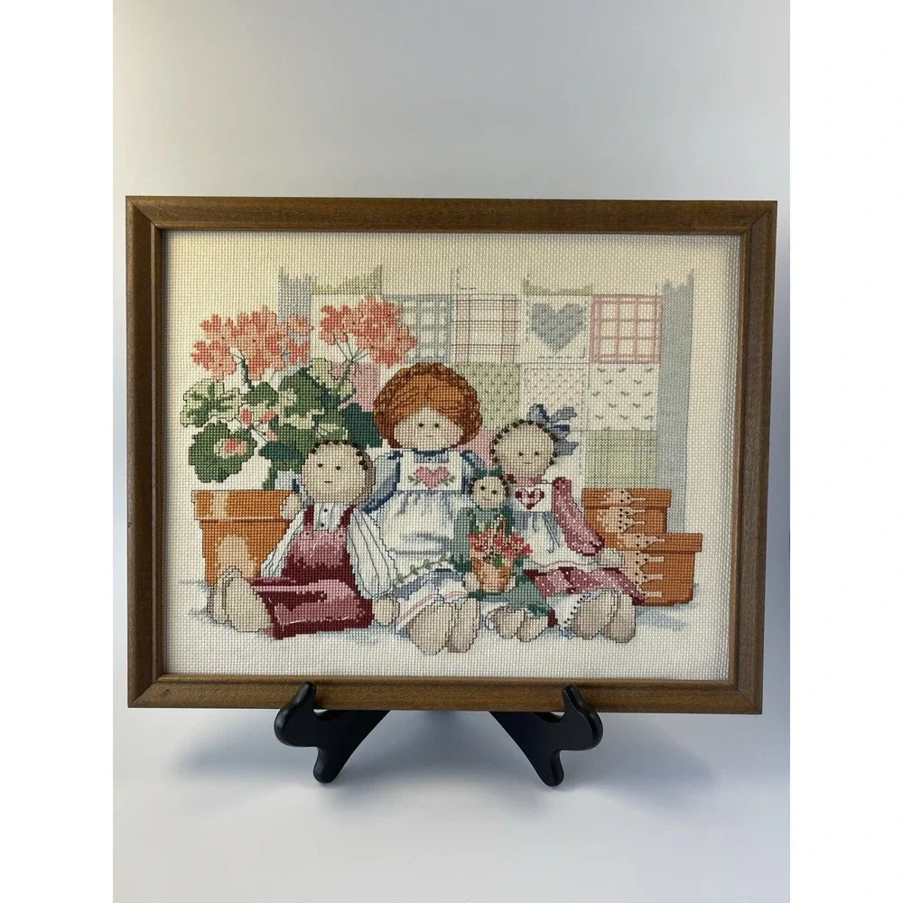 Vintage Needlepoint Handmade Wall Art Wood Frame Mother & Daughters Dolls 15x12